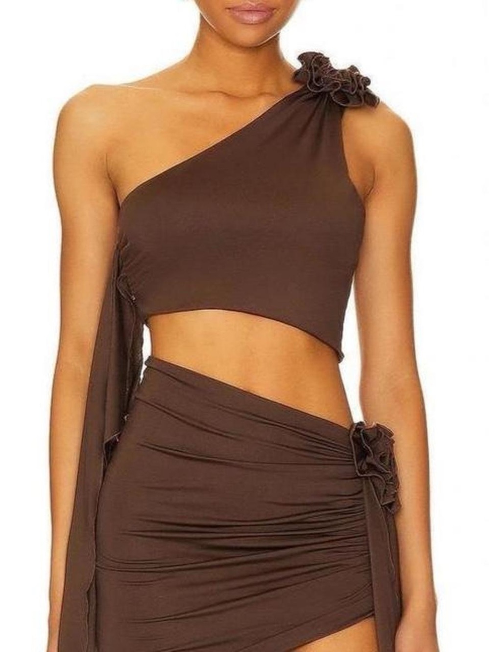 NWOT Revolve Lovers and Friends Cordelia Top Brown Silky One Shoulder Flower Det